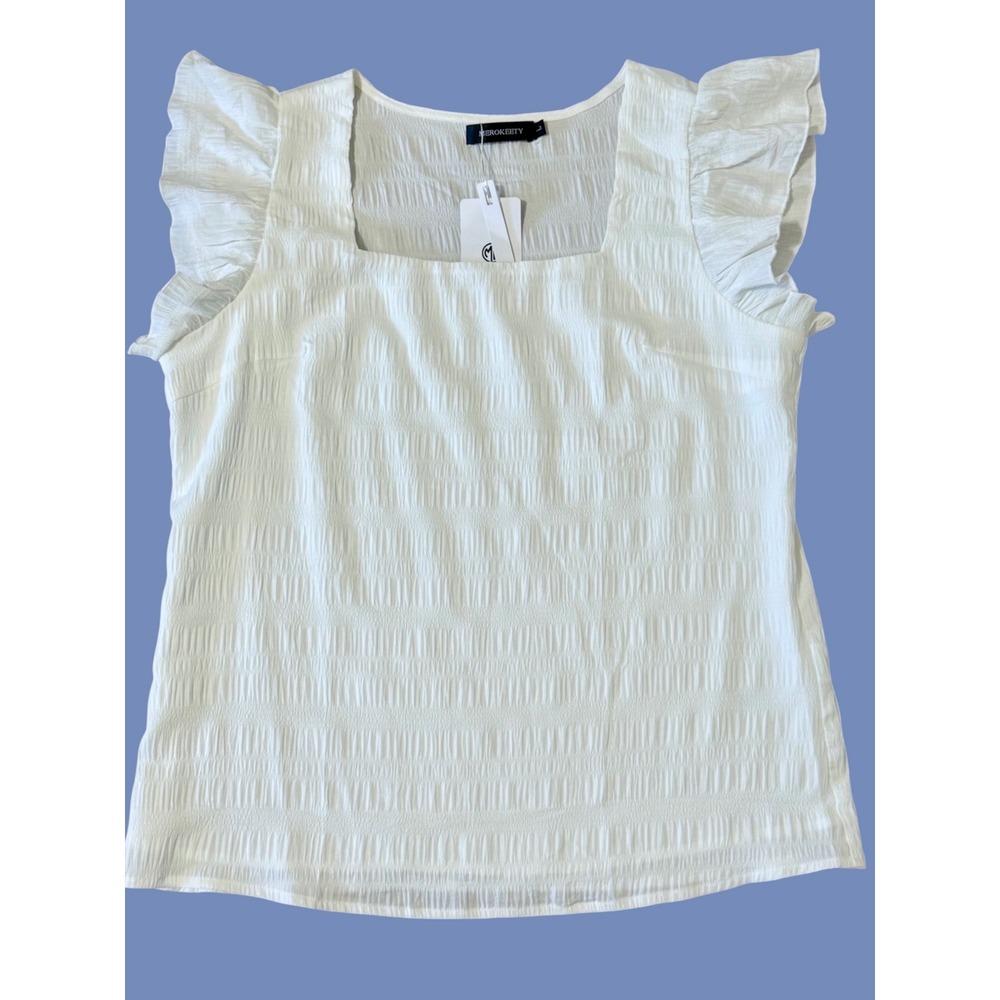 Merokeety White Ruffle‎ Cap Sleeve Square Neck Textured Blouse Top Large NEW
